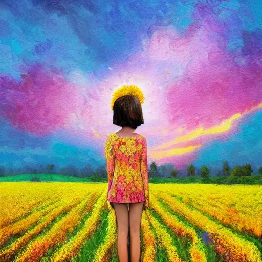 Image similar to large flower head, girl standing in a flower field, surreal photography, sunrise dramatic light, impressionist painting, colorful clouds, digital painting, pointillism, artstation, simon stalenhag