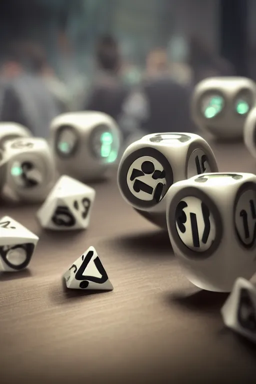 Image similar to closeup, of one futuristic sci-fi Twenty sided dice, in the background players at a table that are in still high tech suites, bokeh, sharp focus, intricate concept art, highly detailed, 8k, cinematic, sharp focus