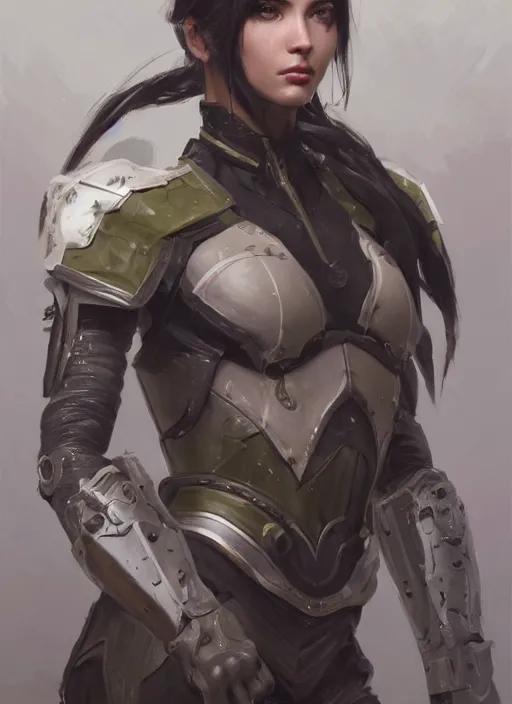 Image similar to a professional painting of a beautiful young female, clothed in military armor, olive skin, long dark hair, beautiful bone structure, symmetrical facial features, intricate, elegant, digital painting, concept art, smooth, sharp focus, illustration, from Metal Gear, by Ruan Jia and Mandy Jurgens and Artgerm and William-Adolphe Bouguerea