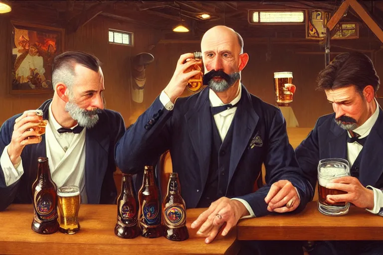 Image similar to portrait painting of wright brothers drinking beer together, ultra realistic, concept art, intricate details, serious, highly detailed, photorealistic, octane render, 8 k, unreal engine. art by artgerm and greg rutkowski and alphonse mucha