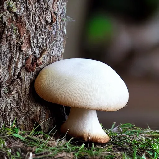 Image similar to a small domestic housecat with a thin mushroom growing atop its head