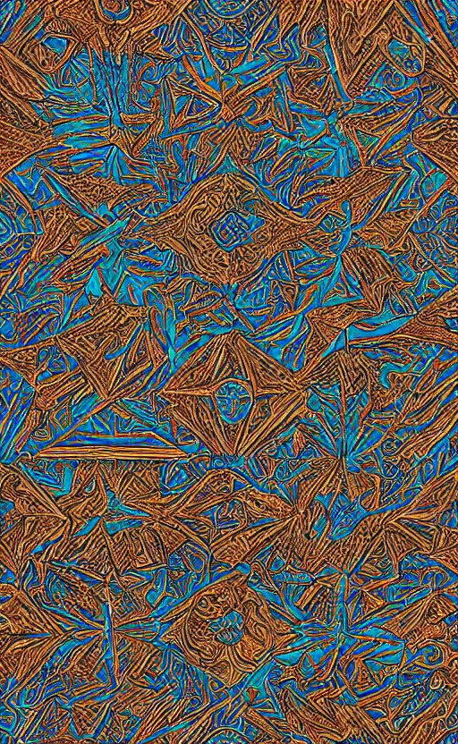 Image similar to intricate geometrical futurists ornamental pattern rapport, beautiful metallic accents, elegant, pattern, full page illustration, oil on canvas, 8k