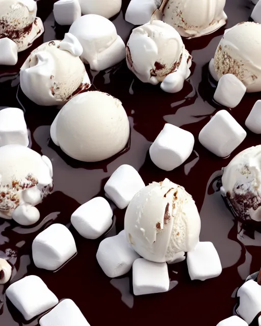 Prompt: ice cream sunday, delicious, glistening, chocolate sauce, marshmallows, highly detailed, award winning photography octane render