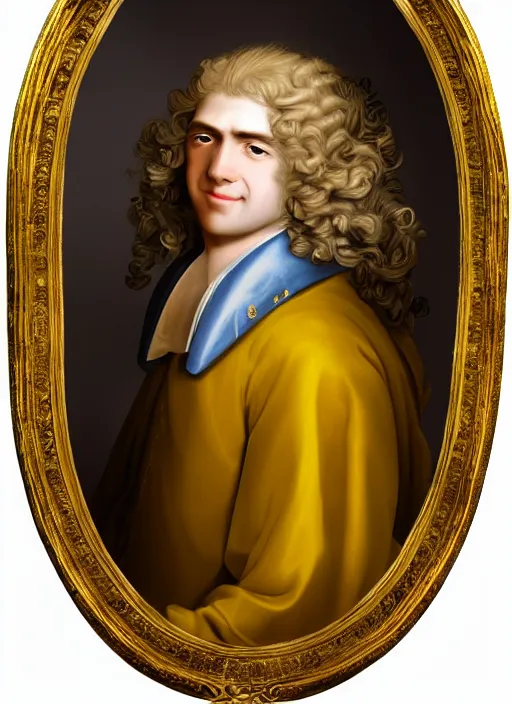 Prompt: portrait of a smiling blond handsome man with long hair in baroque art, anime inspired, High Res 8K,hyperdetailed