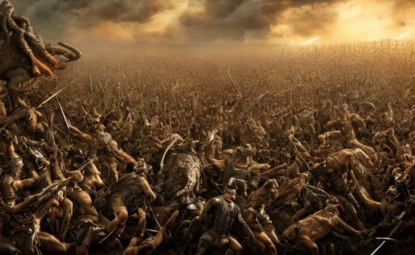 Prompt: realistic photograph of the battle of the pelennor fields, detailed, by erwin olaf, joop geesink, lisa frank, hr giger, beksinski, brian froud, 8 k resolution, beautiful lighting, studio light, extremely detailed, establishing shot, realistic materials, hyperrealistic