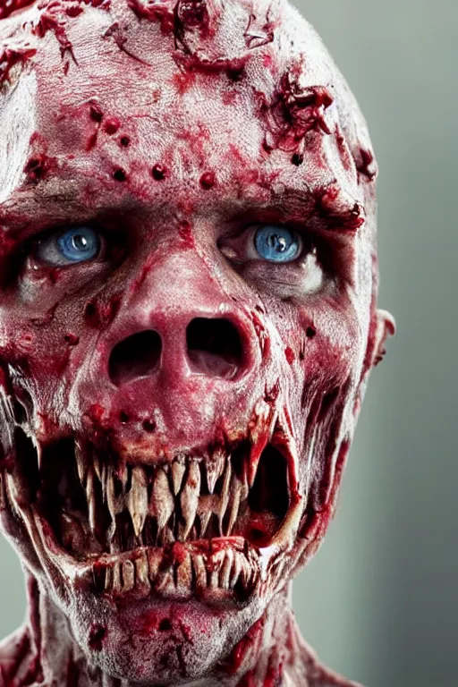 Image similar to up close photograph of a real - life zombie from the tv show the walking dead skin and jaw, studio camera shot on a red 5, award winning vfx and cinematography