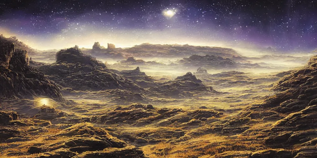 Prompt: grand landscape of rocky sci - fi hills during the dark night, art by kotaro chiba