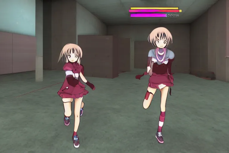 Image similar to an anime girl in a screenshot of the video game doom, the anime girl is running away