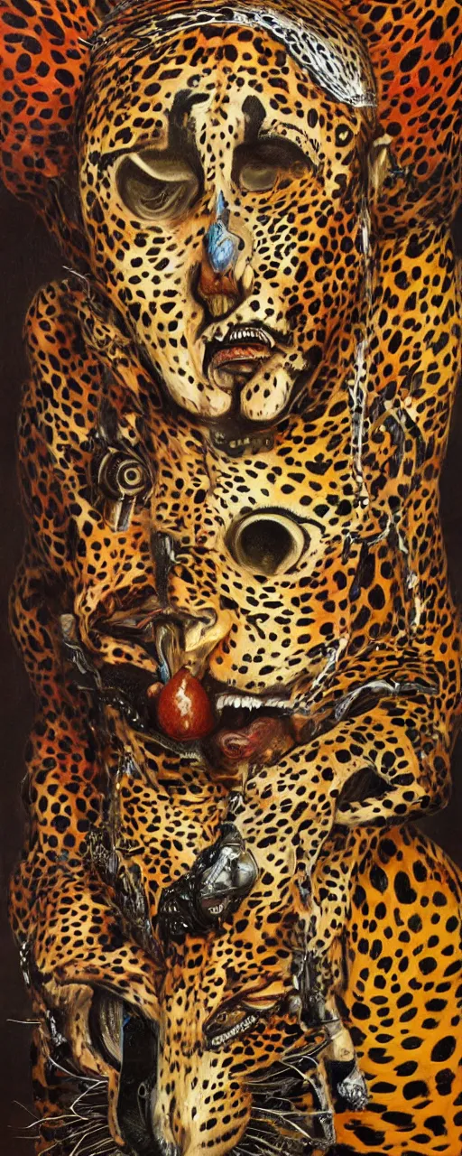 Image similar to an intricated and detailed painting of a shaman turning into a jaguar by salvador dali 4 k render