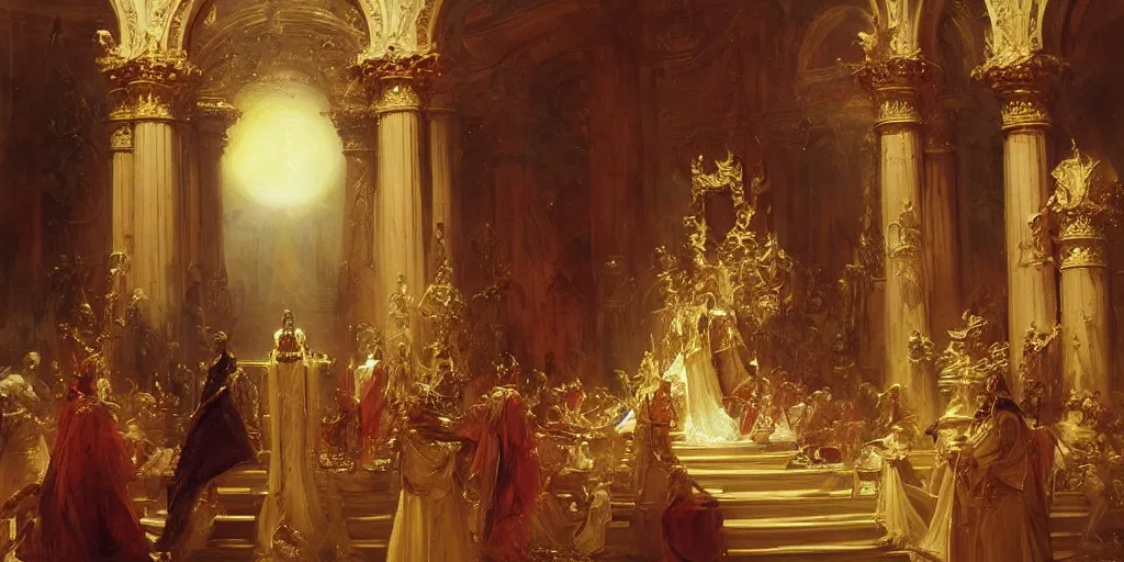 Prompt: beautiful oil painting, high details, alien in royal crimson robes enthroned as the alien god emperor of ancient civilization surrounded by servants in gilded halls a golden wreath upon his head, by anders zorn, wonderful masterpiece by greg rutkowski, beautiful cinematic light, american romanticism, by thomas lawrence, greg rutkowski