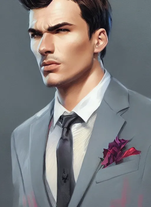 Prompt: a handsome man in formalwear. beautiful highly detailed face, looking directly at the viewer. painting by artgerm and greg rutkowski and magali villanueve.