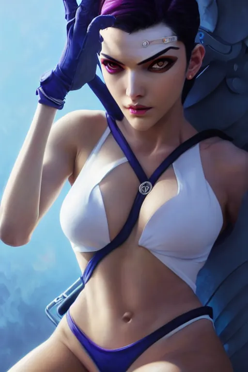 Image similar to painting of widowmaker from overwatch, closed swimsuit, white skin color, ultra realistic, sharp details, subsurface scattering, intricate details, warm lighting, beautiful features, highly detailed, photorealistic, octane render, 8 k, unreal engine, art by artgerm and greg rutkowski and alphonse mucha