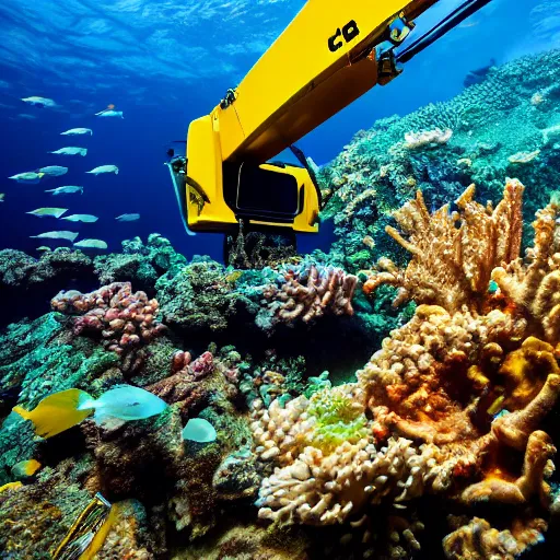 Image similar to JCB digging in a coral reef, wide angle, atmospheric, 4k