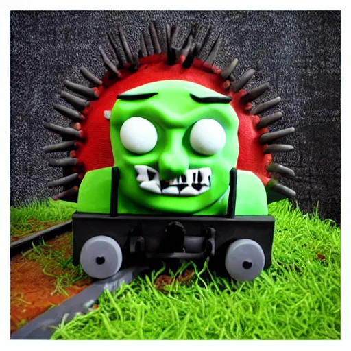 Image similar to zombie apocalypse thomas the tank engine clay sculpture, ominous, monster, spikes