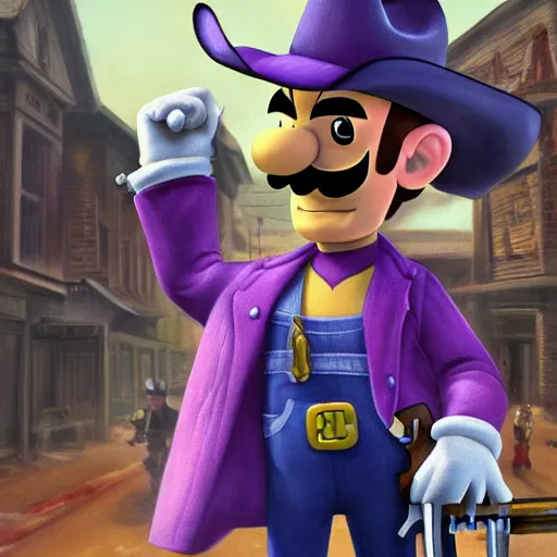 Image similar to waluigi from the mario series dressed as a cowboy holding a big iron revolver fighting outlaws in a town, cinematic still frame oil painting, high detailed painting, greatly illustrated, photo - realistic painting )