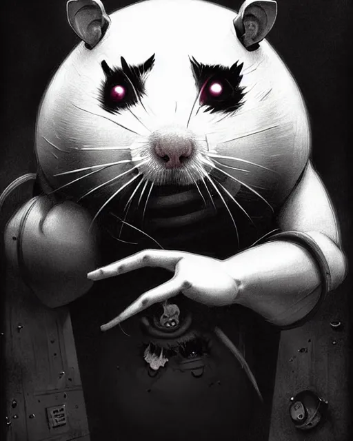 Image similar to wrecking ball the hamster from overwatch, with an evil and crazy look inn her eyes, character portrait, portrait, close up, concept art, intricate details, highly detailed, horror poster, horror, vintage horror art, realistic, terrifying, in the style of michael whelan, beksinski, and gustave dore