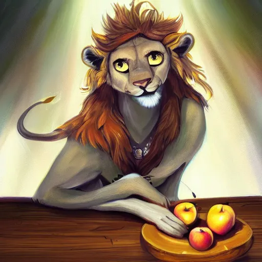 Image similar to a painting of an anthropomorphic lioness sitting at a table with apples, a character portrait by lois van baarle, trending on deviantart, furry art, speedpainting, furaffinity, tarot card, yoshitaka amano style