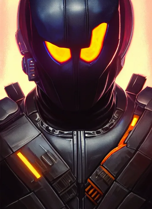 Image similar to portrait of apex legends deathstroke, intricate, elegant, glowing lights, highly detailed, digital painting, artstation, glamor pose, concept art, smooth, sharp focus, illustration, art by artgerm and greg rutkowski, artey freytag