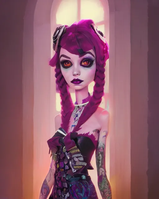 Image similar to portrait of monster high doll, stephen bliss, unreal engine, by greg rutkowski, loish, rhads, makoto shinkai and lois van baarle, ilya kuvshinov, rossdraws, global illumination, radiant light, detailed and intricate environment, pastel lighting