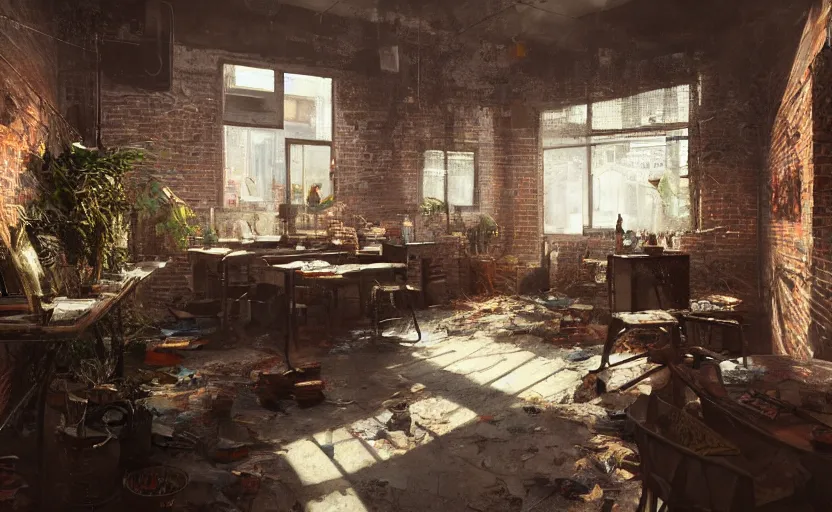 Prompt: a stylish artist studio interior, messy, many plants, brick walls, painting by Craig Mullins, octane rendering, warm moody lighting, wide angle lens, low view, in the style of blade runner, trending on artstation, 8k,