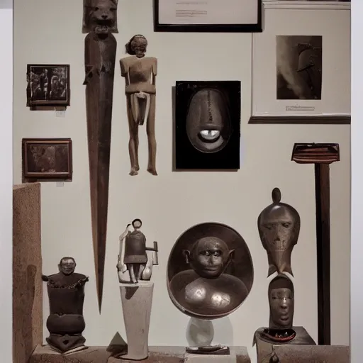 Image similar to a three color offset photography of single surrealist object on display, anthropology of wonder, ( ( ( surrealism ) ) ), exotic artifacts, colonial expedition, exhibition, 6 0 s style