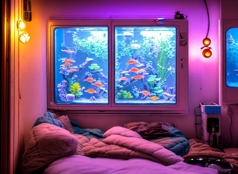 Image similar to telephoto 7 0 mm f / 2. 8 iso 2 0 0 photograph depicting the feeling of chrysalism in a cosy cluttered french sci - fi ( art nouveau ) cyberpunk apartment in a pastel dreamstate art cinema style. ( aquarium, computer screens, window ( city ), leds, lamp, ( ( ( aquarium bed ) ) ) ), ambient light.