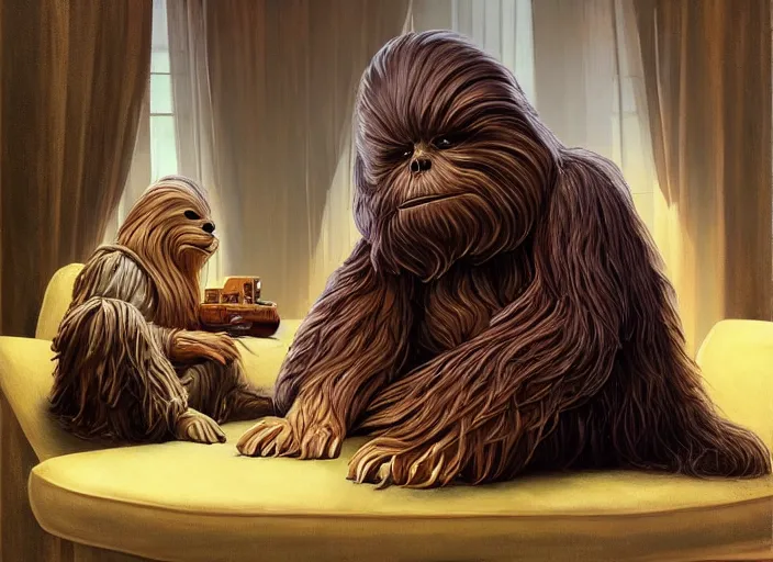 Image similar to wookiee is comfy at home trading crypto. the charts are at all time highs, gains, green charts, painting by grant wood and frank frazetta, 3 d rendering by beeple, wlop