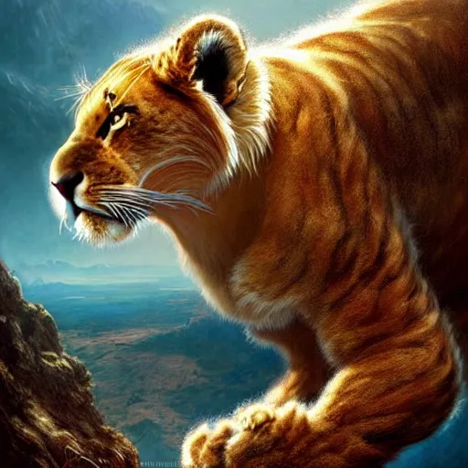 Image similar to a hyperrealistic illustration of a mix of puma and jaguar and lion and tiger jumping over a cliff, giant cat monster, 8 k ultra realistic animal, detailed intricate fur, flame in the fur, with fractal sunlight, award - winning, masterpiece, in the style of tom bagshaw, cedric peyravernay, peter mohrbacher