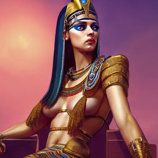 Image similar to Cleopatra sitting on her throne, beautiful eyes, full body, fantasy, beautiful face, vivid colors, elegant, concept art, sharp focus, digital art, Hyper-realistic, 4K, Unreal Engine, Highly Detailed, HD, Dramatic Lighting by Brom, trending on Artstation