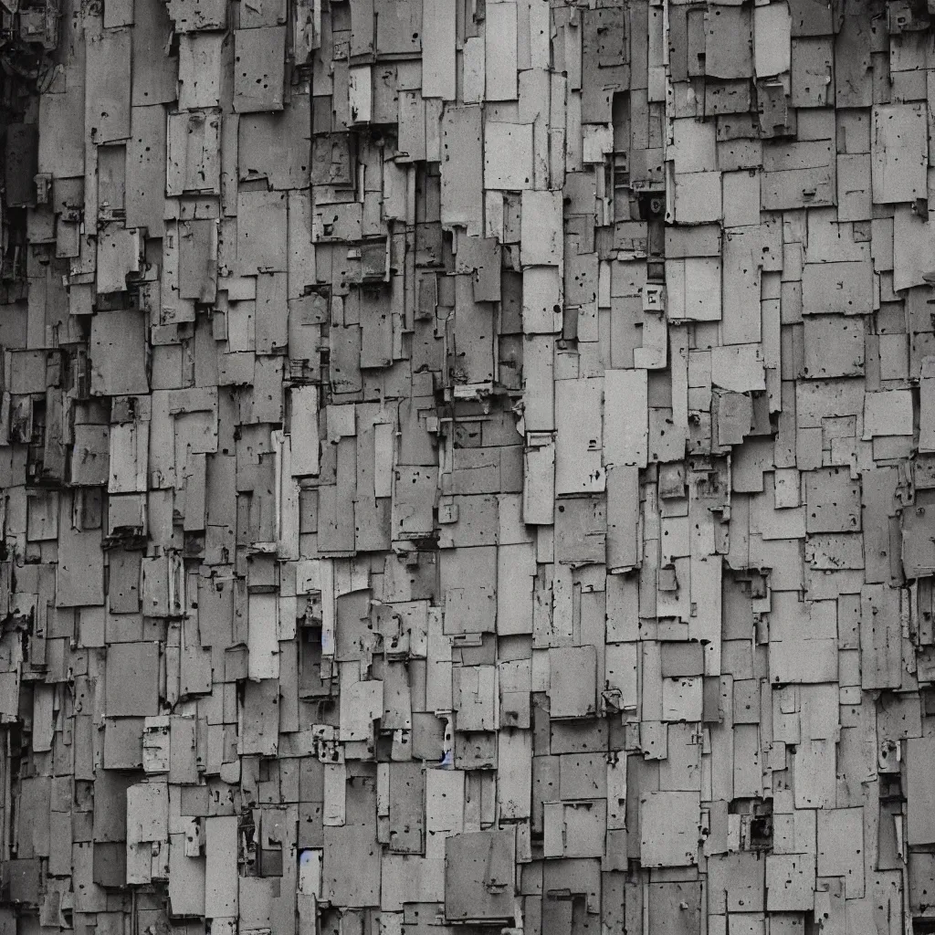 Image similar to close - up view of a tower covered by various different doors, bleached colours, moody cloudy sky, dystopia, mamiya, f 1. 8, very detailed, photographed by bruno barbey