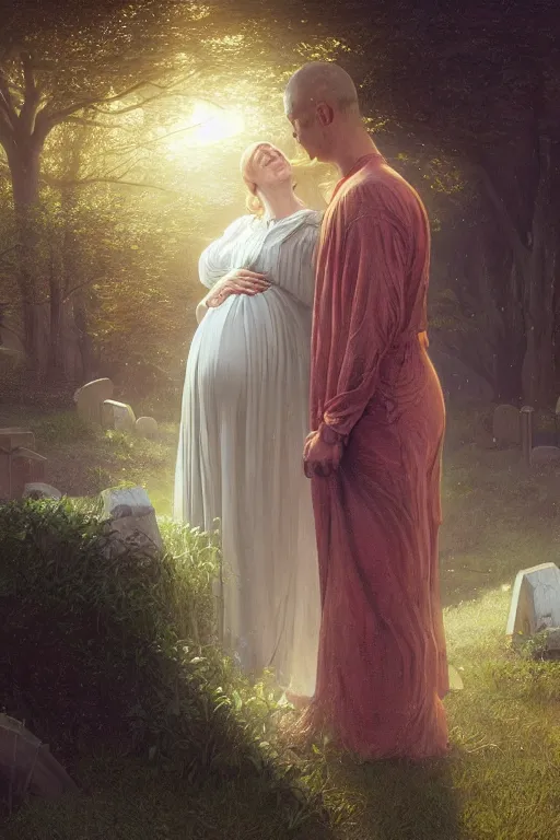 Image similar to a portrait of a pregnant widow next to her husband's grave, illustration, dramatic lighting, soft details, painting oil on canvas, art deco, octane render, HDR, 4k, 8k, HD, by Edmund Blair Leighton, Brom, Charlie Bowater, trending on artstation, faces by Tom Bagshaw, Sargent