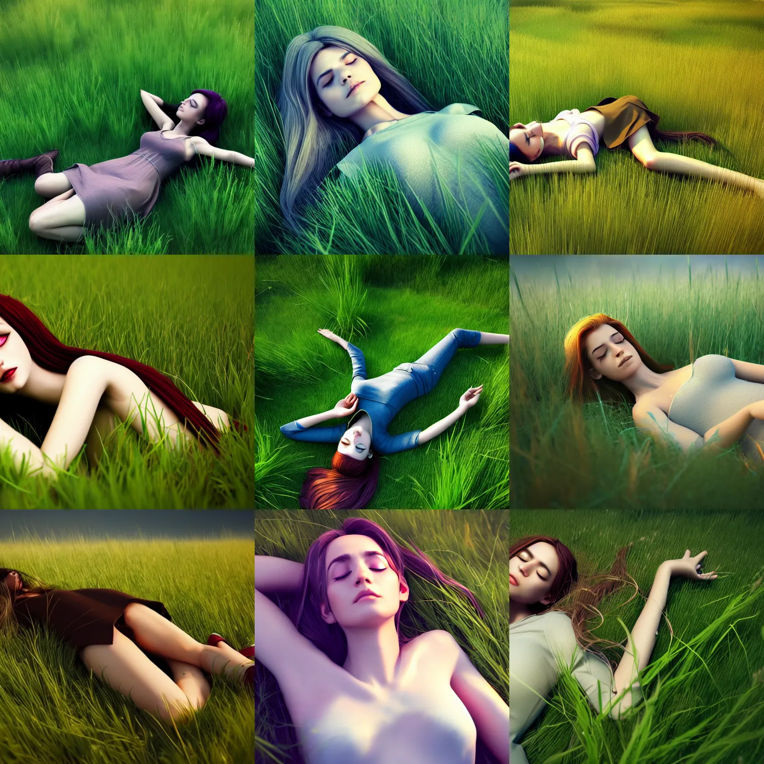 Prompt: a female wizard lying down in a field of grass, fantasy, high quality render, octane render, 4k, HD, artstation, concept art