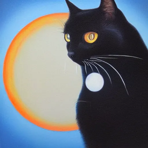 Image similar to an Hyper realistic artwork of a black cat with orange eyes looking at the white moon by Jason de Graaf