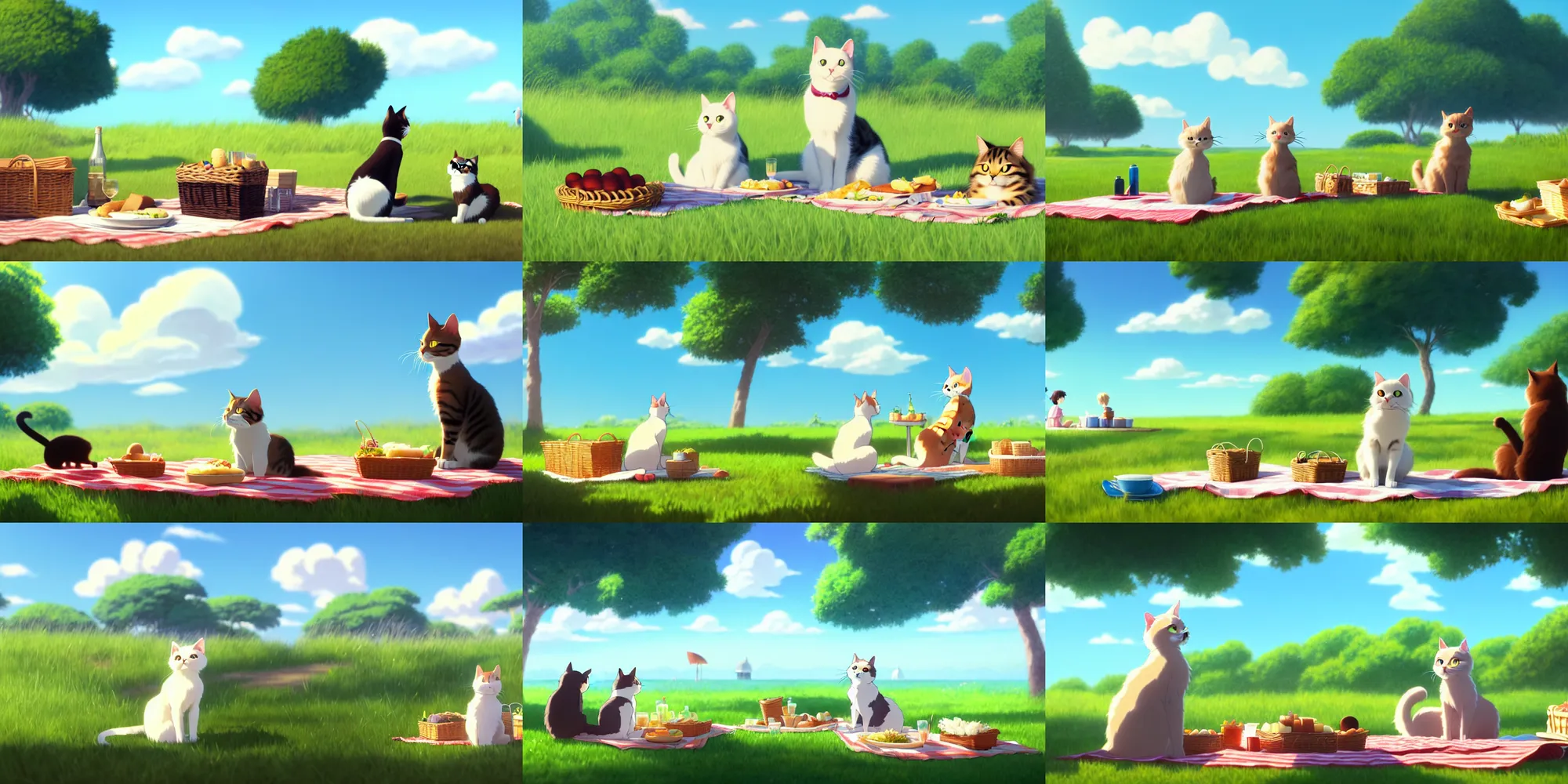 Prompt: a wholesome animation key shot of a cat on a picnic date by the beach, studio ghibli, pixar and disney animation, sharp, clear sky, rendered in unreal engine 5, anime key art by greg rutkowski, bloom, dramatic lighting