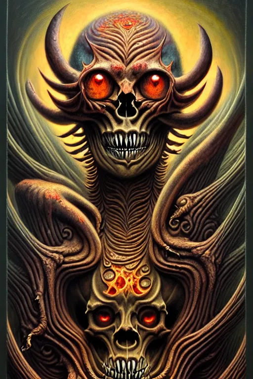 Prompt: A beautiful detailed grotesque monster super cute tarot card, by tomasz alen kopera and Justin Gerard, symmetrical features, ominous, magical realism, texture, intricate, ornate, royally decorated, skull, skeleton, whirling smoke, embers, red adornements, red torn fabric, radiant colors, fantasy, trending on artstation, volumetric lighting, micro details, 3d sculpture, ray tracing, 8k, anaglyph effect