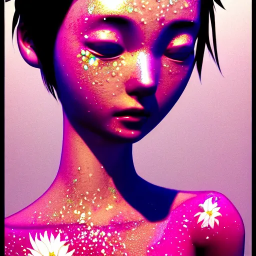 Image similar to weird cute closeup portrait of a beautiful carefree stoner girl in tanktop covered flower glitter, by katsuhiro otomo, yoshitaka amano, nico tanigawa, rendered with intense 3 d effect reflective shadowing, cinematic lighting, hyperrealistic illustration uhd 8 k