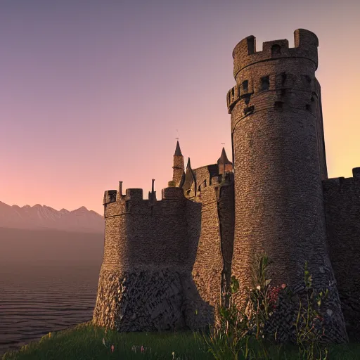 Prompt: Very very beautiful 3D render of a medieval castle at sunset, mountains are in the distance and fog is in the background. There is a detailed beautiful cobblestone bridge in the foreground leading to a huge castle. Cinema 4D, blender, octane, 8k, unreal engine