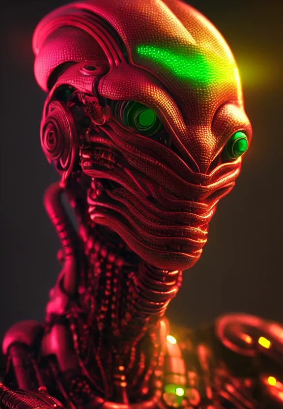 Prompt: ultra realist intricate detailed painting of a single attractive alien male, neon scales and cyborg tech, hyperrealistic, soft lighting, octane render
