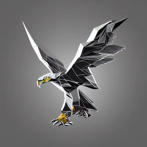 Image similar to 2 dimensional, vector, low poly, clear crystal eagle icon, black background, cgsociety, artstation, octane render