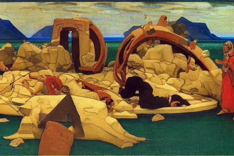 Image similar to the wake of the unseen object,by Nicholas Roerich and William Dyce and ford madox brown, symbolist, dramatic lighting, elaborate geometric ornament, cool blue and green colors, Art Brut, smooth, sharp focus, extremely detailed