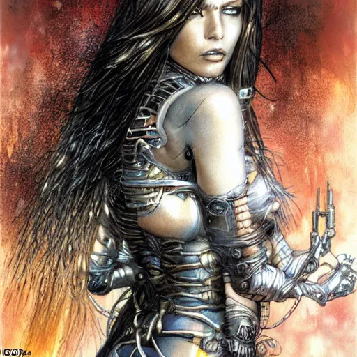 Image similar to cyborg princess, painting by Luis Royo