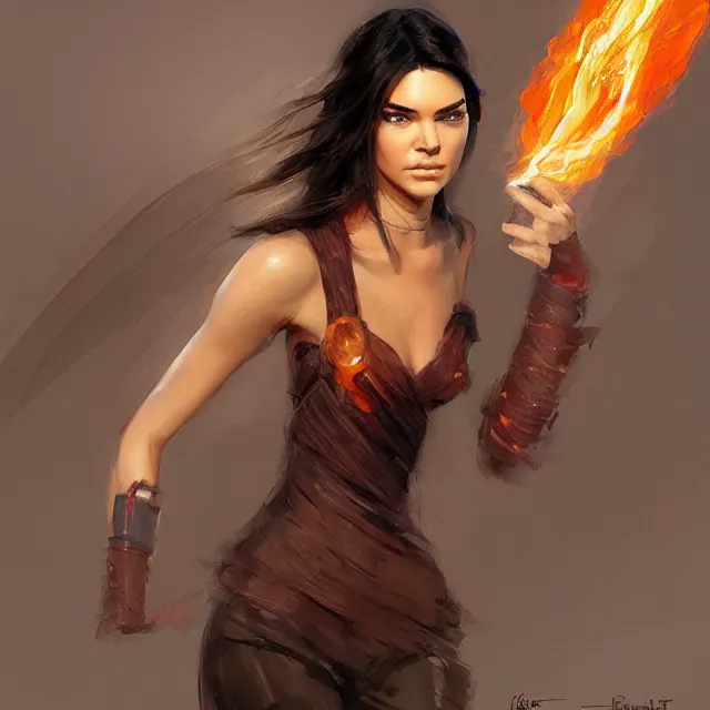 Image similar to Kendall Jenner as a firebender, portrait, elegant, intricate, digital painting, artstation, concept art, smooth, sharp focus, illustration, art by konstantin korovin and Daniel F. Gerhartz and john howe