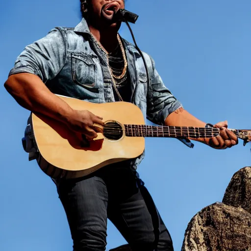 Image similar to dwayne jonson singing in a rock concert standing on a rock