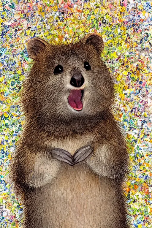 Image similar to detailed illustration, a portrait of a happy quokka on a white background, may gibbs, layered composition, layers, texture, textured, layered, sculpted, dynamic,