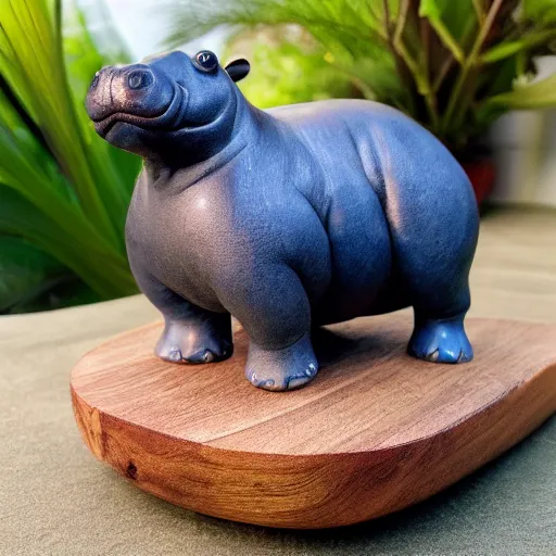 Image similar to a small hippo statue with natural wood belly and polished blue back