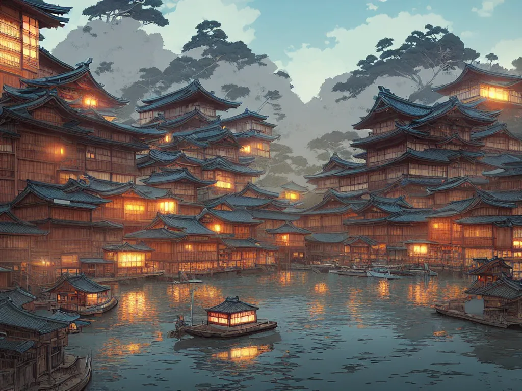 Image similar to old japanese town viewed from harbor, d & d digital painting, ultra realistic, beautiful, volumetric lighting, warm colors advance, cell shading, by james jean, greg rutkowski,