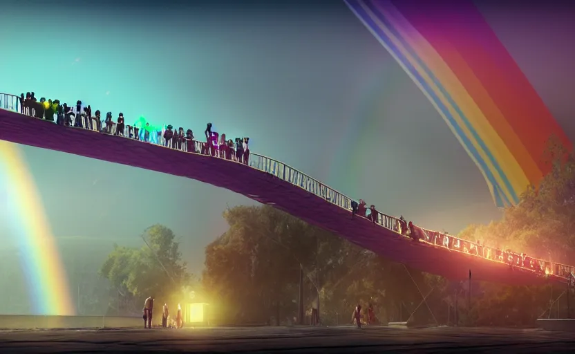 Image similar to incredible, refugees crossing a mindblowingly beautiful bridge made of rainbow, energy pulsing, hardlight, matte painting, artstation, solarpunk, cgsociety, dramatic lighting, concept art, octane render, arnold 3 d render