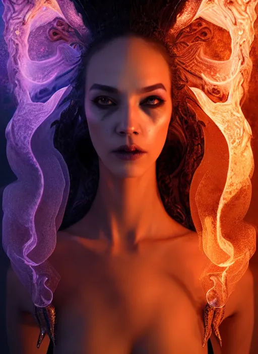 Image similar to hyperrealistic mixed media portrait of a beautiful evil female pyromancer, stunning 3d render inspired art by Mark Poole + perfect facial symmetry + dim volumetric lighting, ornate flowing robes, radiant fiery energy, swirling wispy smoke, 8k octane beautifully detailed render, post-processing, extremely hyperdetailed, intricate, epic composition, grim yet sparkling atmosphere, cinematic lighting + masterpiece, trending on artstation, Art Nouveau
