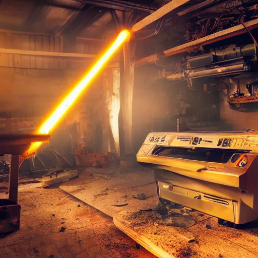 Image similar to cyborg toaster oven repairman, dark messy smoke - filled cluttered workshop, dark, dramatic lighting, orange tint, sparks, plasma rays, cinematic, highly detailed, sci - fi, futuristic, movie still, rule of thirds composition