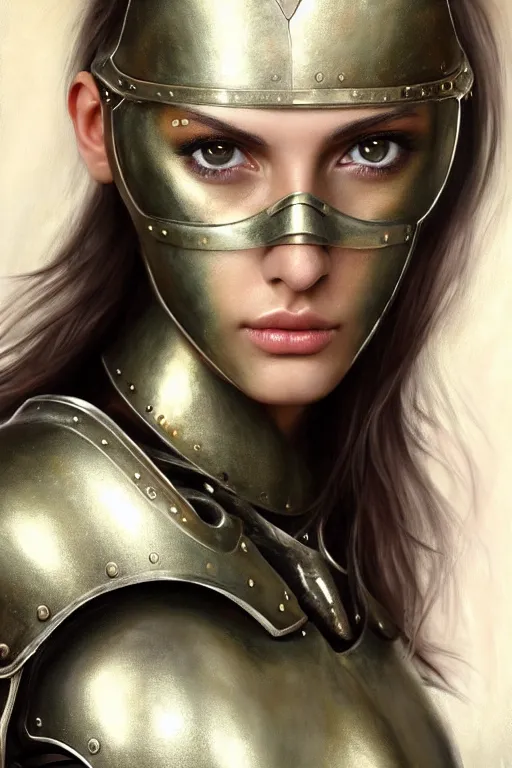 Image similar to a photorealistically painted portrait of an attractive young female, partially clothed in metal-plated battle armor, abstract background, flawless olive skin, fair complexion, long dark hair, beautiful bone structure, perfectly symmetric facial features, perfect photorealistic eyes, natural physique, intricate, elegant, digital painting, concept art, finely detailed, beautifully illustrated, sharp focus, minimal artifacts, from Metal Gear, by Ruan Jia and Mandy Jurgens and Artgerm and William-Adolphe Bouguerea, in the style of Greg Rutkowski, trending on Artstation, award winning art